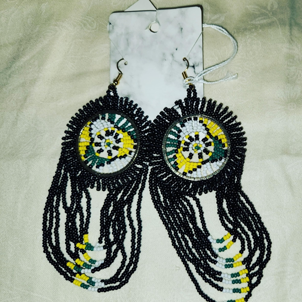 SOLD‼️ Handcrafted Beaded Earrings - Black, Yellow, Green, White. Made in Africa